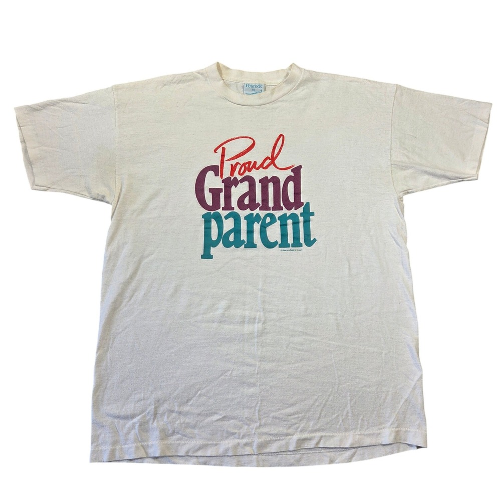 Vintage Peacock Papers Proud Grandparent T-Shirt XL White Graphic Made in USA